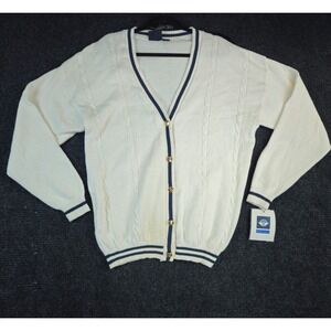 Dockers Womens Cardigan L White Navy Trim Cable Knit Gold Button Sweater USA VTG